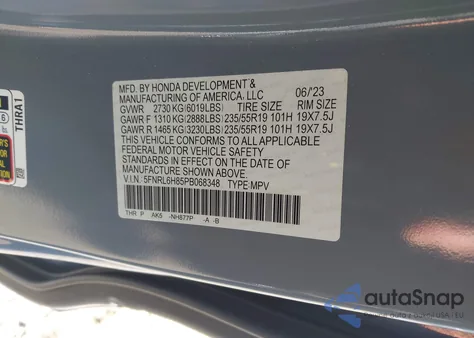 2023 Honda Odyssey Touring from USA, damaged, VIN 5FNRL6H85PB068348